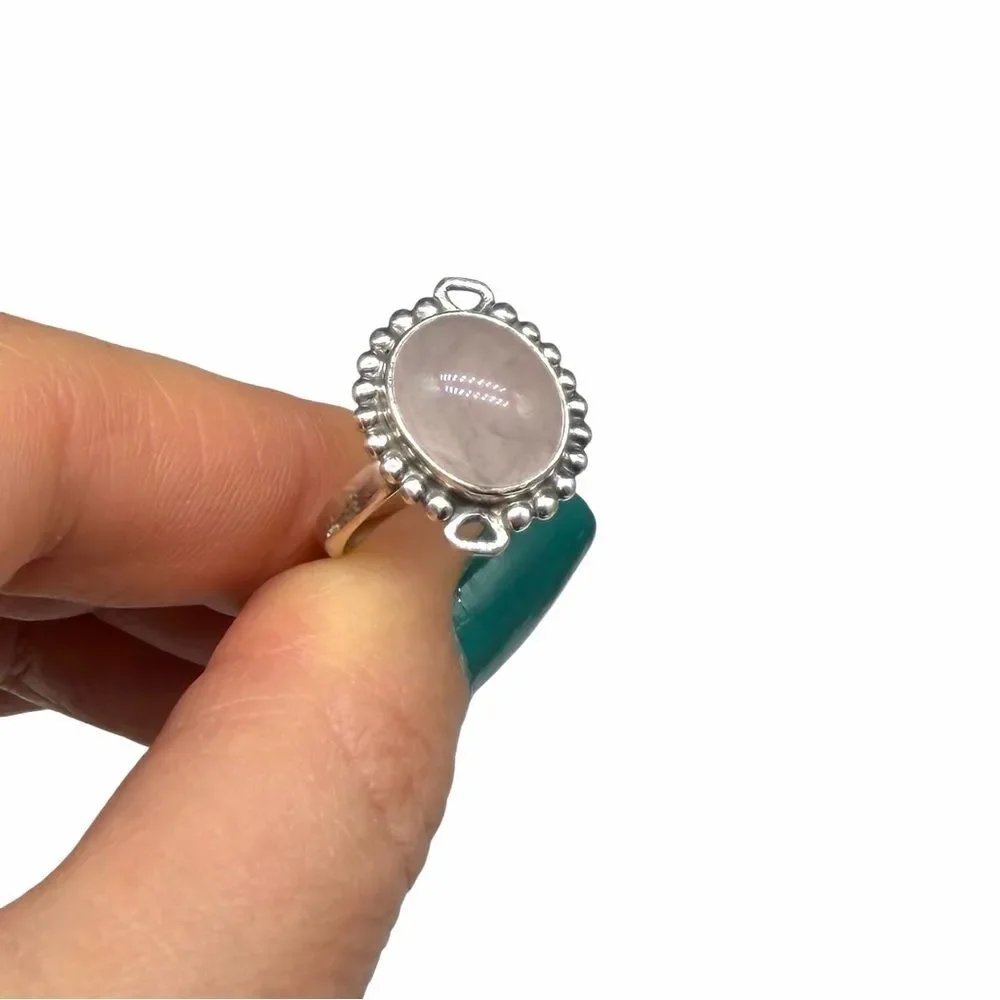 Rose Quartz Ring Size 8 Solid 925 Sterling Silver Pink Oval Stone Crystal